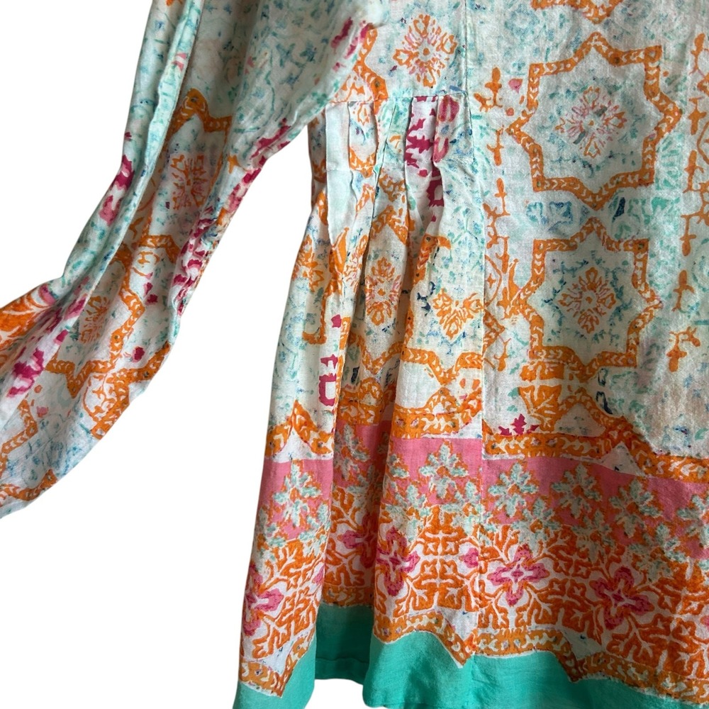 Sigrid Olsen Womens Boho‎ Coastal Peasant Top M Orange Geometric Cottage Artsy - Picture 3 of 8